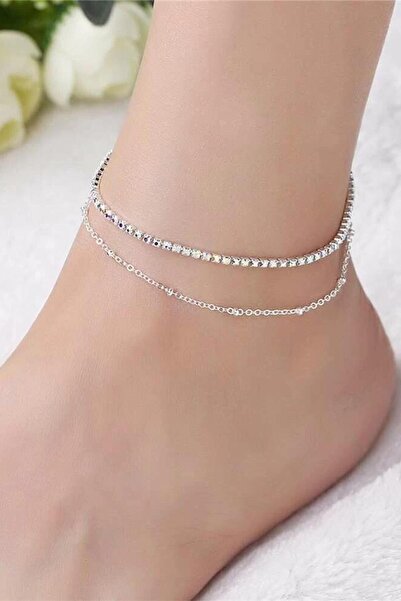 MutluBiDünya Gümüş Kristal Taşlı Halhal Seti