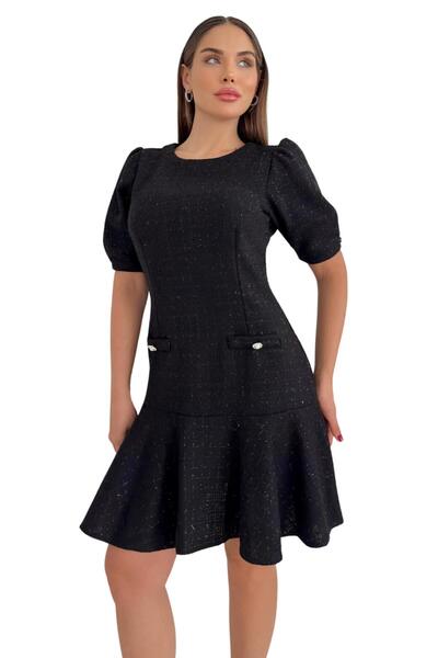 Moda Amore Tüvit Kumaş Kadın Elbise - Kısa Kol Midi Boy  Cep Detaylı 029