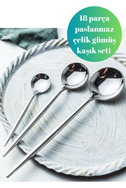 BRE HOME 18 parça gümüş renk yuvarlak form kaşık seti,
çay tatlı kaşığı, yemek kaşığı, 
Paslanmaz çelik