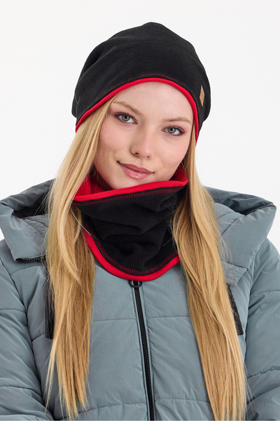 Butikgiz Kadın Siyah Polar Dış, Kırmızı Pamuklu İç Kısım Çift Renk Çift Katman Katlanabilir Bere Boyunluk Set