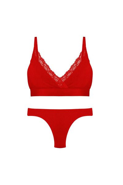 LİBELLA İÇ GİYİM Women's Red Lace Ribbed Thong 2-Piece Comfortable Bra Set - 2-Piece Stylish Underwear Set - Basic
