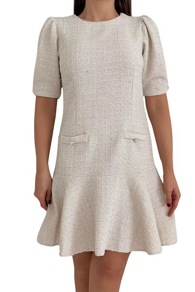 Moda Amore Γυναικείο φόρεμα Midi από ύφασμα Tweed - Κοντό μανίκι και λεπτομέρεια τσέπης 029