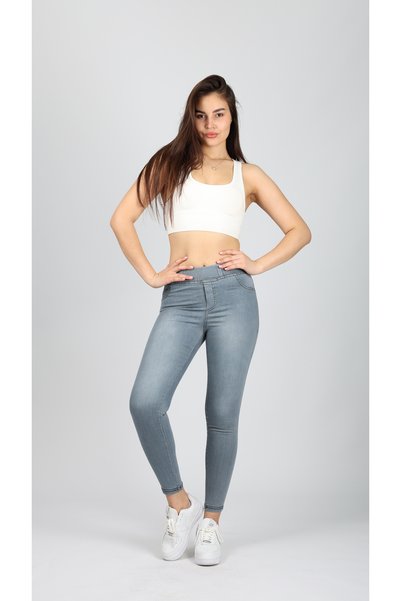 NEŞA KOTÇU Gri Beyaz Beli Lastikli Tayt Kot Pantolon