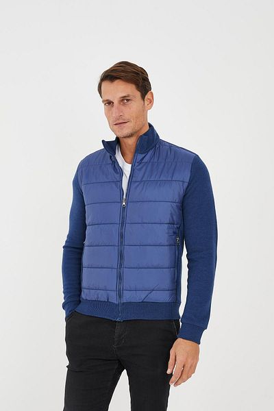 Maccali Men's Comfygrid Stand Collar Basic Winter Zip Blue Sweatshirt