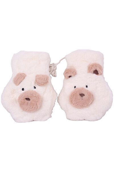İşnar Peluş Çocuk Eldiven 4-6 Yaş Yavru Ayı Patisi Krem Renk Parmaksız Model 0041