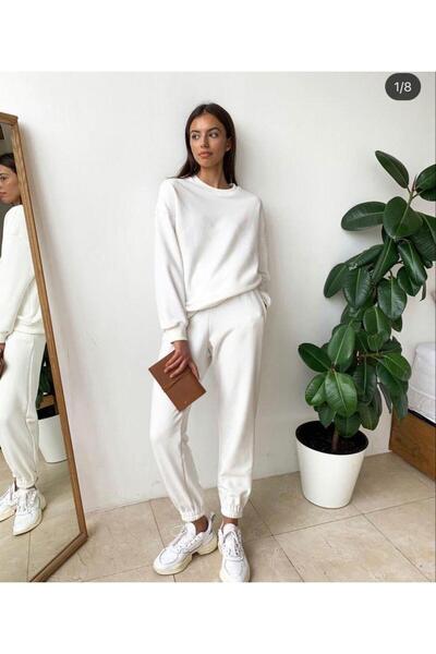 Butik Kadın Bisiklet Yaka Içi Pamuklu Fit Slim Basic Beyaz Sweatshirt