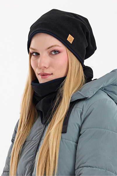 Butikgiz Kadın Siyah Polar Dış Lacivert Pamuklu İç Kısım Çift Renk Çift Katman Katlanabilir Bere Boyunluk Set