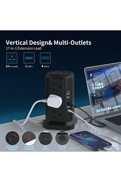 Choice 110-250V UK 12 black 1.8M Cable Tower Extension Lead with USB Slots with 18W USB C Fast Charger(5V/3