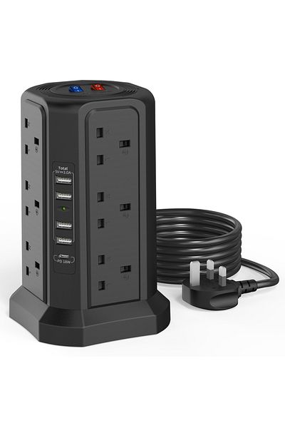Choice 110-250v Uk 12 Black 1.8m Cable Tower Extension Lead With Usb Slots With 18w Usb C Fast Charger(5v/3