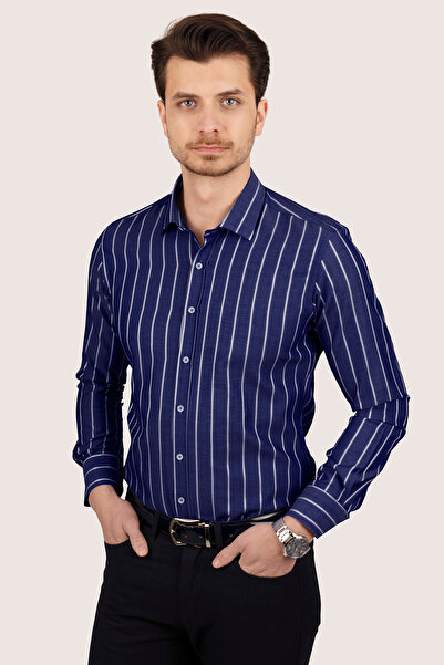 Etikmen Sötétkék fehér csíkos Slimfit férfi ing