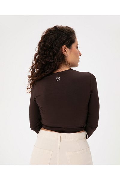 Ayma Active Καφέ Crop Μπλούζα με Παπιγιόν στη μέση