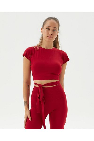 Ayma Active Red Back Low-Cut Drape Detail Crop Short Sleeve Blouse