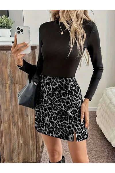 LUFES Leopard Print Lycra Slit Short Skirt