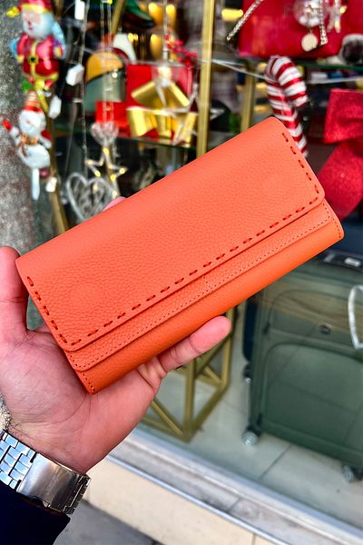 CüzCan Orange Saddler Stitched Genuine Leather Women's Wallet (19X9Cm)