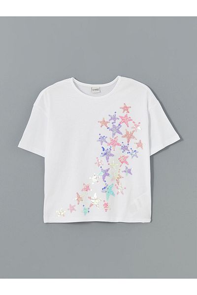 LC Waikiki LCW Kids Mädchen-T-Shirt mit Rundhalsausschnitt und Paillettenstickerei