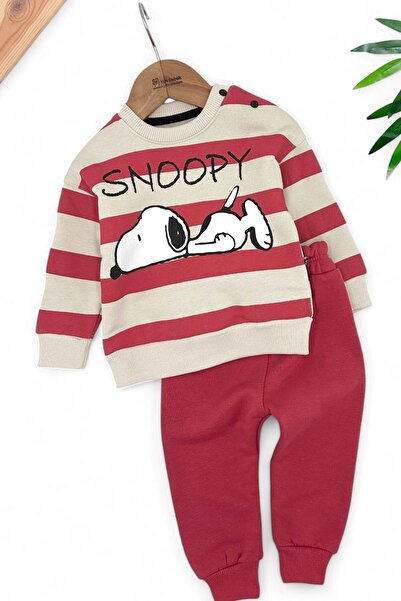 Egelite ERKEK BEBEK ÇİZGİLİ SNOOPY BASKILI KIŞLIK POLARLI 3 İP ŞARDONLU 3-6-9-12-18 AY BEBEK TAKIMI