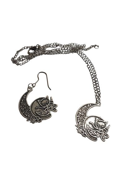 Ororabutik Silver Color 32mm Magic Cat Figured Necklace and Earring Set