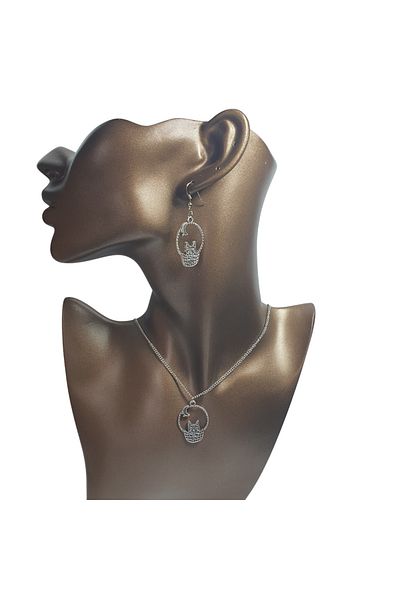 Ororabutik Set of Necklace and Earrings with Cat Figure in Silver Color 32mm Basket