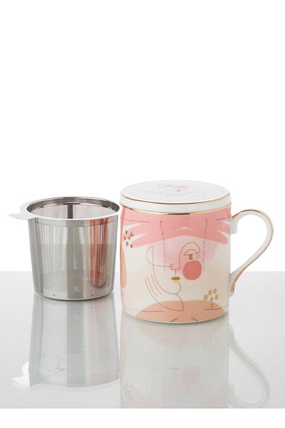 HIC Porcelain cup with lid and steel strainer 330 ml pink design