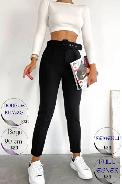 KaSheHa Siyah Kemerli Double Atlas Kumaş Havuç Model Pantolon 90 Cm
