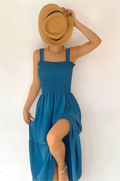 KaSheHa Kraliyet Mavisi Kalın Askılı Eteği Fırfırlı Üstü Gipeli Elbise 125 Cm