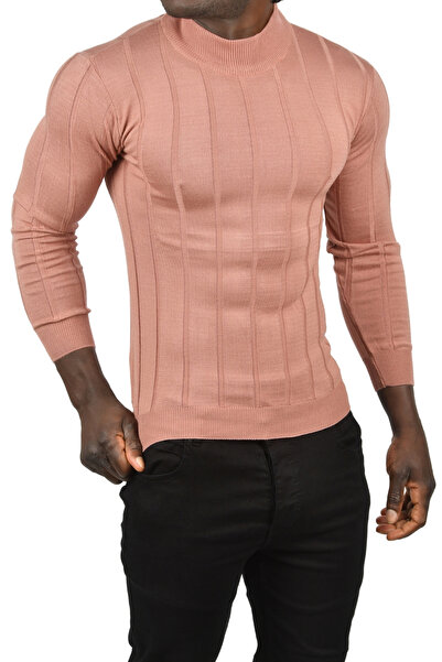 DeepSEA Erkek Gülkurusu Slim Fit Likralı Tüylenme Yapmayan Yarım Balıkçı Çizgili Triko Yarım Boğazlı
