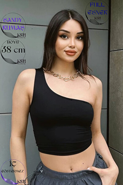 KaSheHa Siyah Tek Omuz Dekolteli Sandy Kumaş Crop Bluz 38 Cm