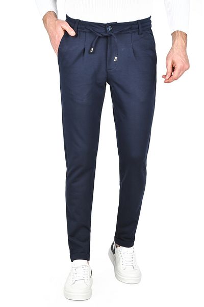 DeepSEA Men's Navy Blue Elastic Waist Slim Fit Lycra Double Leg Combed Cotton Sports Trousers 2502385
