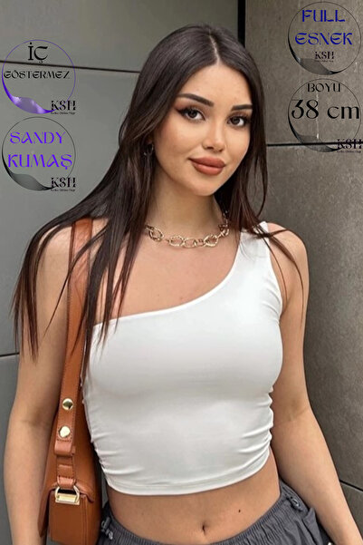 KaSheHa Beyaz Tek Omuz Dekolteli Sandy Kumaş Crop Bluz 38 Cm