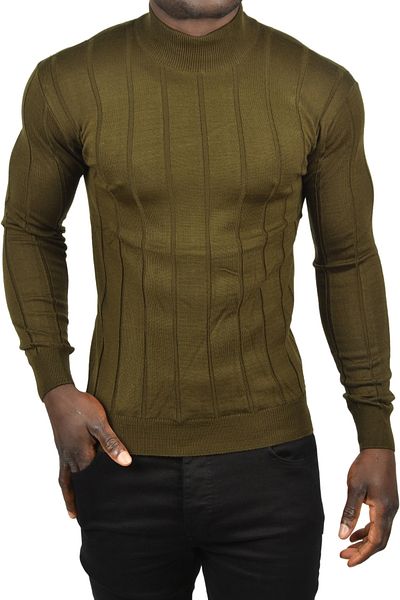 DeepSEA Men's Khaki Slim Fit Lycra Non-Pilling Half Fisherman Stripe Knitwear Half Throat Crash