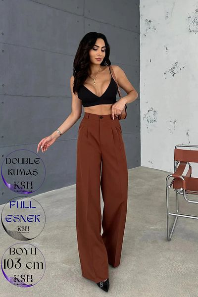 KaSheHa Brown Single Pleated Spring Double Fabric Palazzo Trousers 103 cm