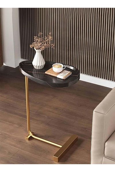Taimi طاولتان قهوة على شكل حرف C على الطراز الاسكندنافي، سطح أسود/أرجل ذهبية، 45×30×60 سم