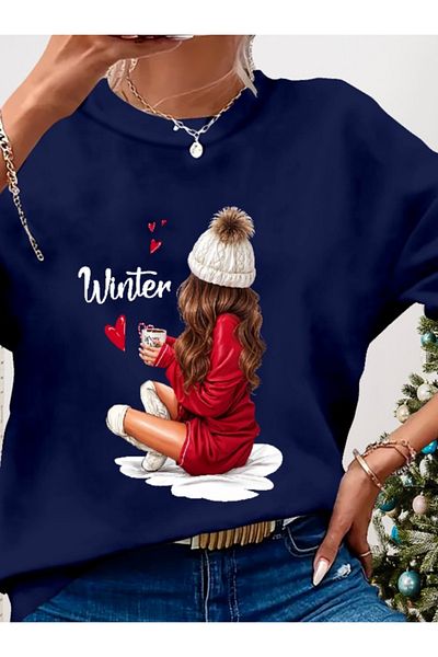 MODAVERA Women's Christmas Custom Long Sleeve Crew Neck Print Viscose Two Thread Blouse