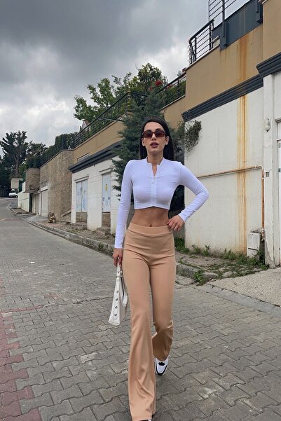 KaSheHa Bej Likralı Yüksek Bel Ispanyol Paça Pantolon 100 Cm