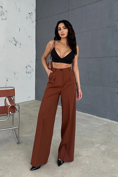 KaSheHa Brown Single Pleated Spring Double Fabric Palazzo Trousers 103 cm