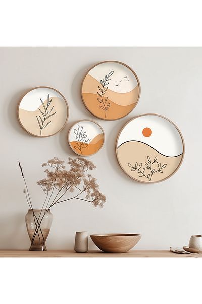 STARYUNA Σετ αφηρημένο boho 4 στρογγυλά πίνακες με ξύλινο πλαίσιο Yuna503