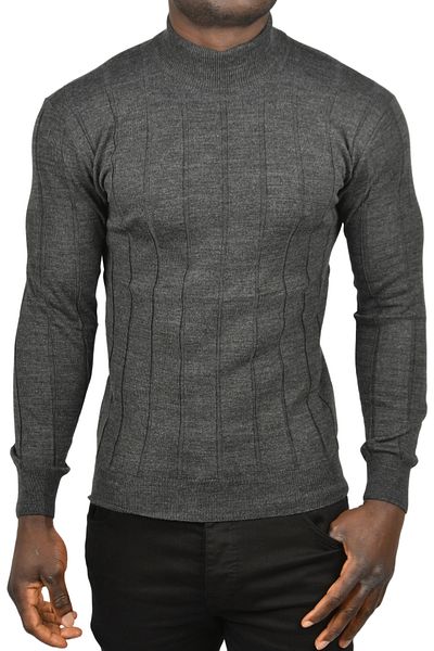 DeepSEA Men's Anthracite Slim Fit Lycra Non Pilling Half Fisherman Stripe Knitwear Half Throat