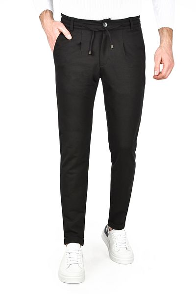 DeepSEA Men's Black Elastic Waist Slim Fit Lycra Double Leg Combed Cotton Sports Trousers 2502385