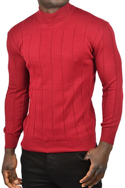 DeepSEA Men's Burgundy Slim Fit Lycra Non Pilling Half Fisherman Striped Knitwear Half Throat Goose
