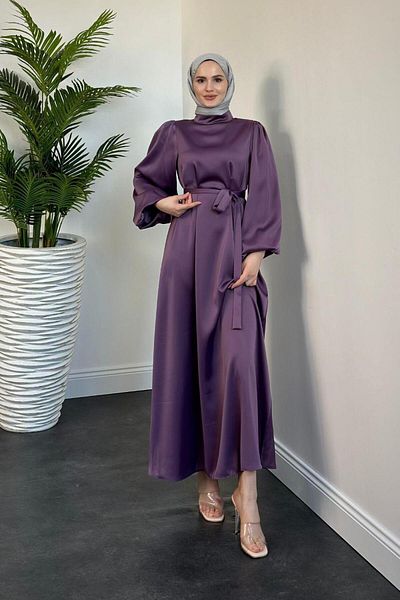 KaSheHa Purple Satin Dress - Dimitra Balloon Sleeve