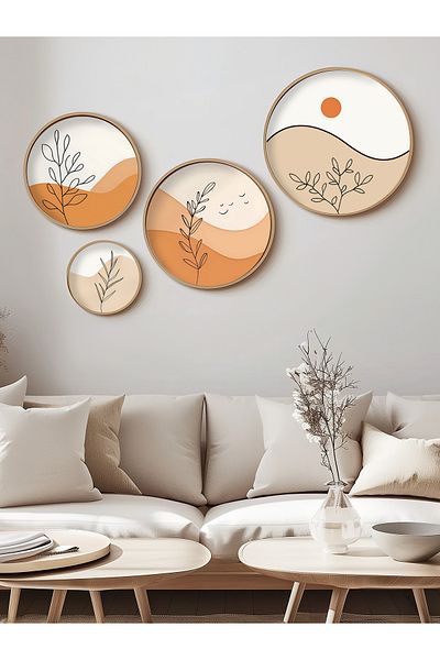 STARYUNA Σετ αφηρημένο boho 4 στρογγυλά πίνακες με ξύλινο πλαίσιο Yuna503