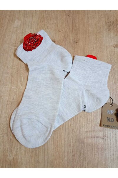 ENEFENDİ Светлосиви дамски чорапи - безшевни, памучни, с розов мотив и ликра 36-40
