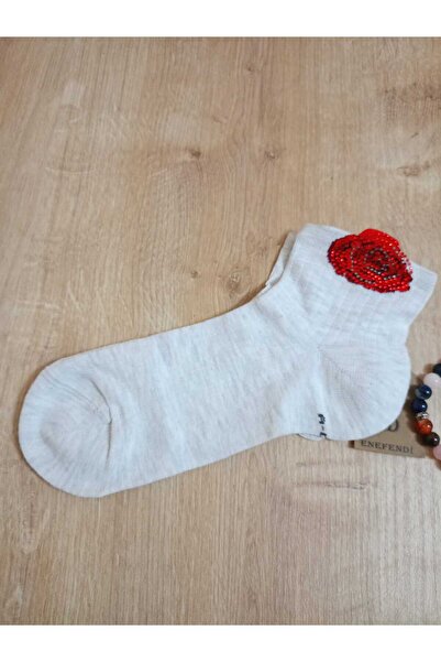 ENEFENDİ Светлосиви дамски чорапи - безшевни, памучни, с розов мотив и ликра 36-40