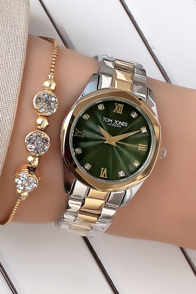 Tom Jones ساعة يد نسائية أصلية 3 Atm مقاومة للماء حافظة صغيرة لونين سوار فولاذي هدية سوار Gtj