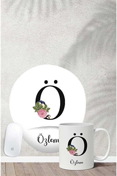 Gizeo Concept Ö Harfli Isme Özel Çiçekli Bilek Destekli Mouse Pad Kupa Seti