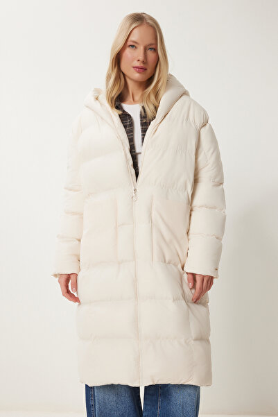 Lovelyİstanbul Long Oversize Inflatable Hooded Coat - Bone Lnt0001