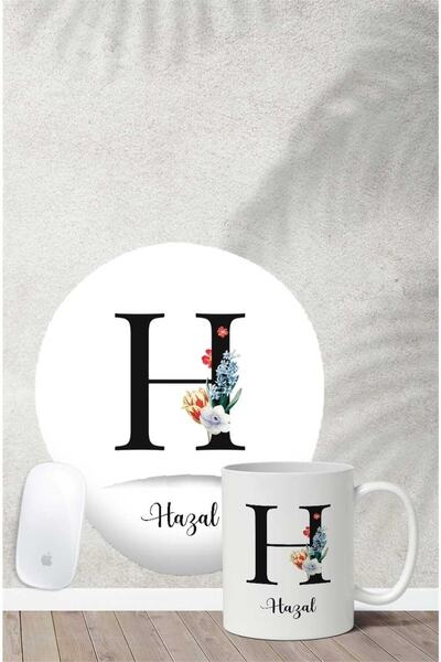 Gizeo Concept H Harfli Isme Özel Çiçekli Bilek Destekli Mouse Pad Kupa Seti