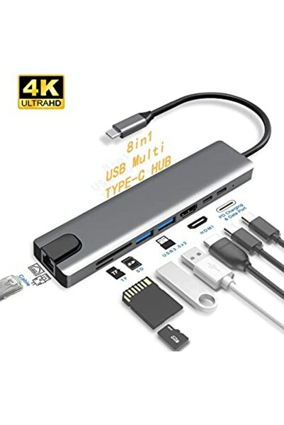 Genel Markalar 8in1 4K Type-C USB 3.0 Hub HDMI RJ45 SDTF Adaptörü