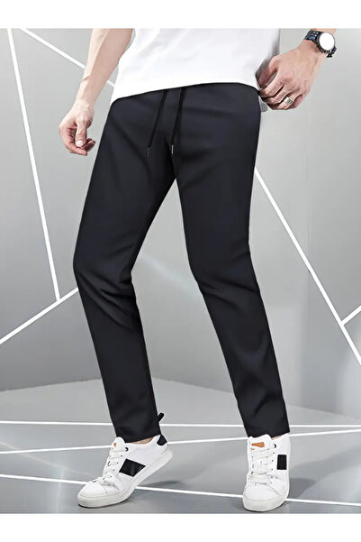 CAONNES Μαύρο ποιοτικό υφασμάτινο παντελόνι φόρμας με φαρδιά γραμμή, άνετο υφ...