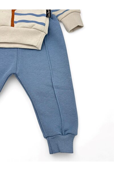 voyyo kids baby ERKEK BEBEK KIŞLIK 3 İP ŞARDONLU POLARLI TİLKİ BASKILI ÇİZGİLİ ALT ÜST BEBEK TAKIMI